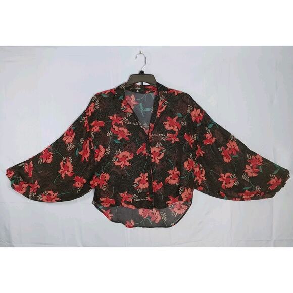 Lulus Womens Medium Black Floral Button Up Semi-Sheer Dolman Sleeve Blouse EUC - Picture 1 of 6